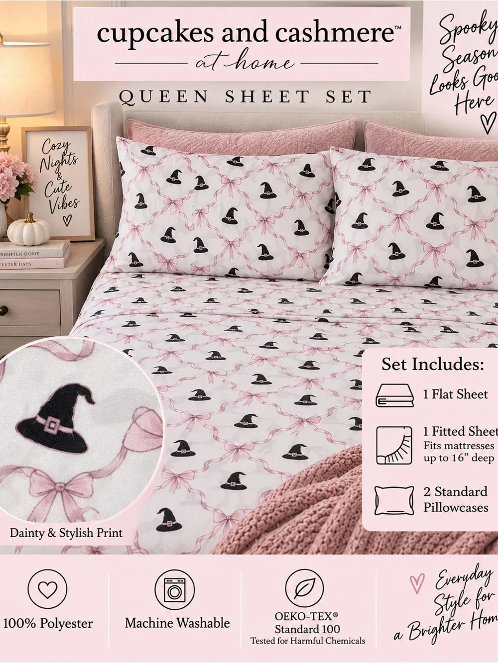 cupcakes & cashmere Pink Witch Hat Queen Sheet Set